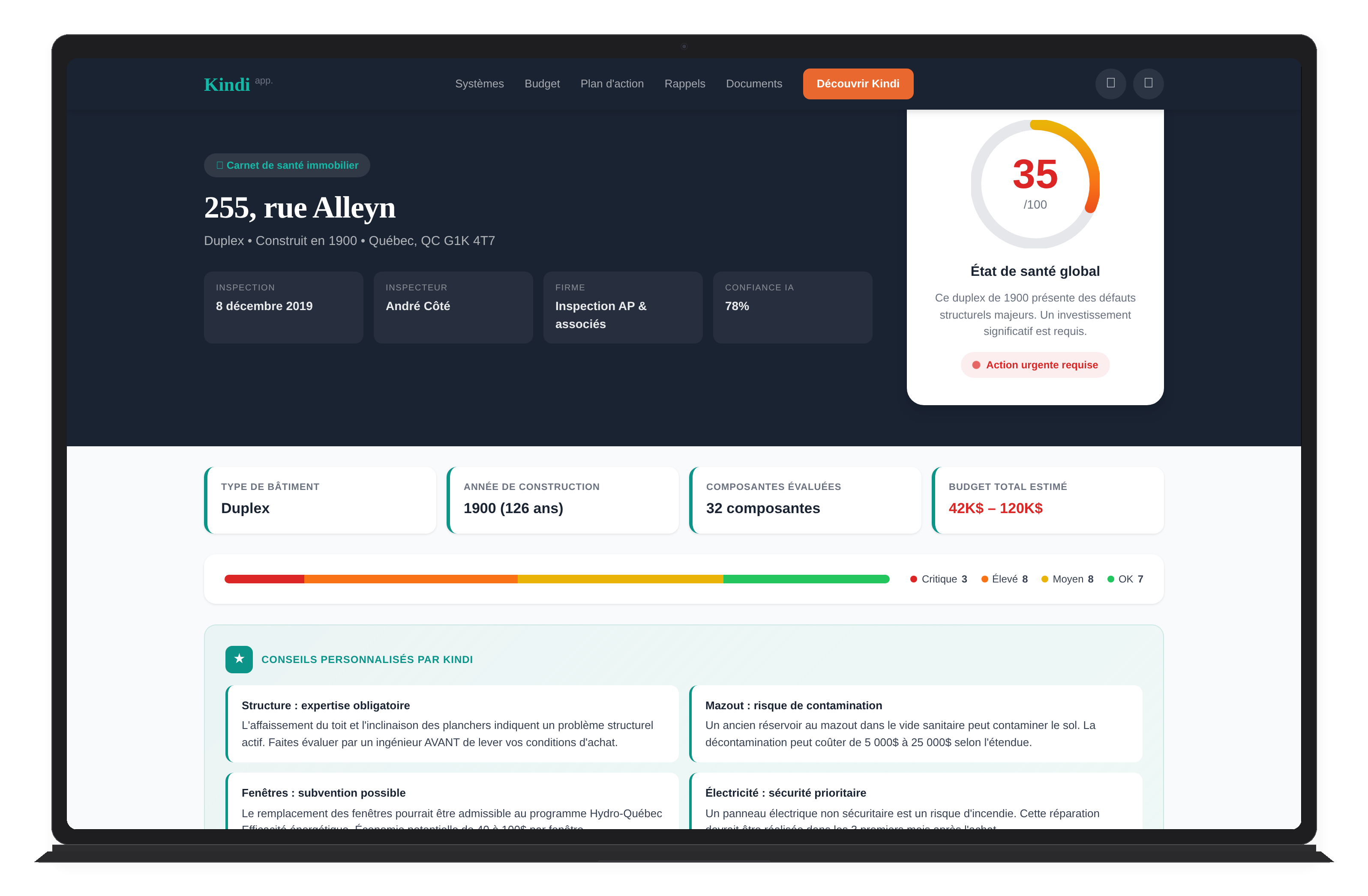 Kindi sur MacBook — Score global de santé de votre propriété