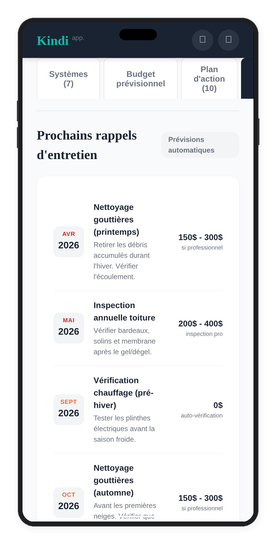 Kindi sur iPhone — Rappels d'entretien mobile
