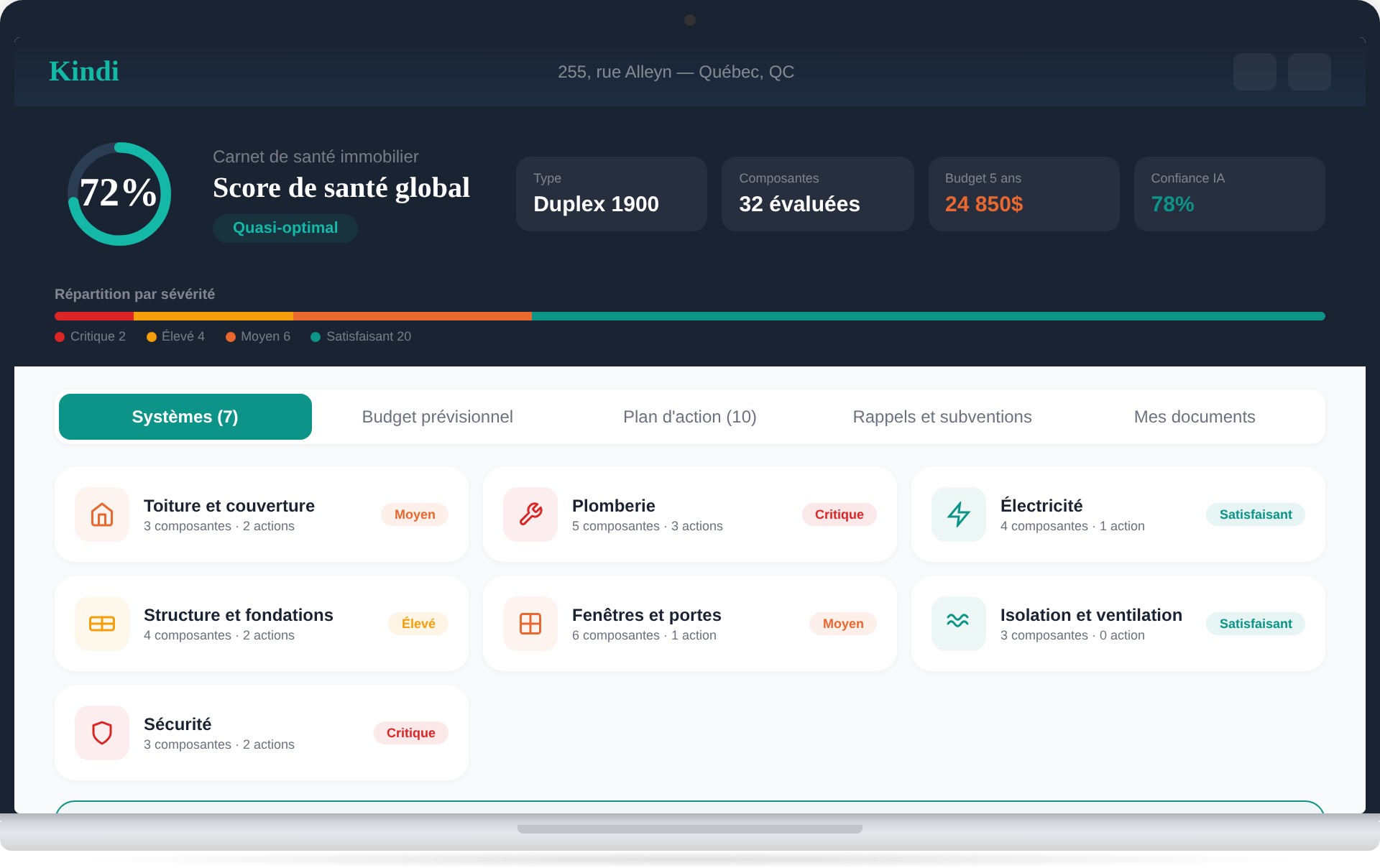 Kindi — Vue complète du carnet de santé immobilier sur desktop avec score, systèmes et budget