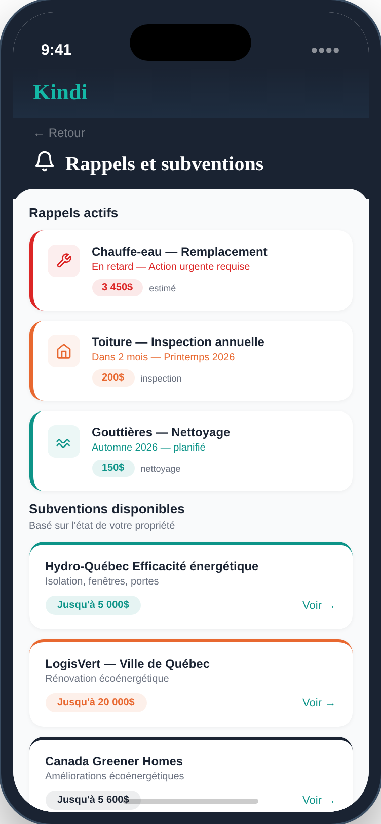 Kindi — Rappels d'entretien et subventions disponibles pour votre propriété