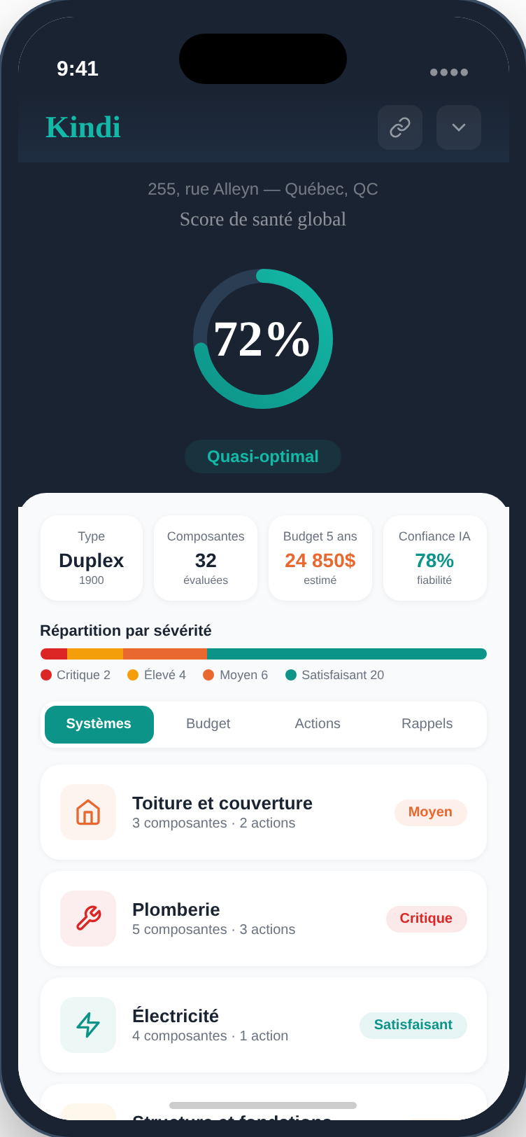 Interface Kindi — tableau de bord du carnet de santé avec budget prévisionnel